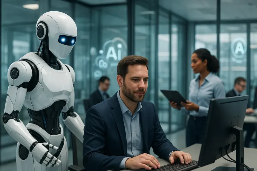 Suporte de Software Empresarial - Maximize o seu Negócio 5 Ambiente de escritório com monitores exibindo interfaces de software empresarial.