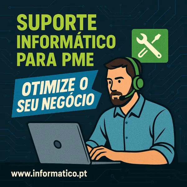Escritório movimentado de PME, mostrando integração tecnológica nas operações.