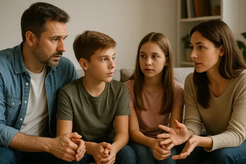 Família reunida aprendendo sobre controlo parental para segurança online.