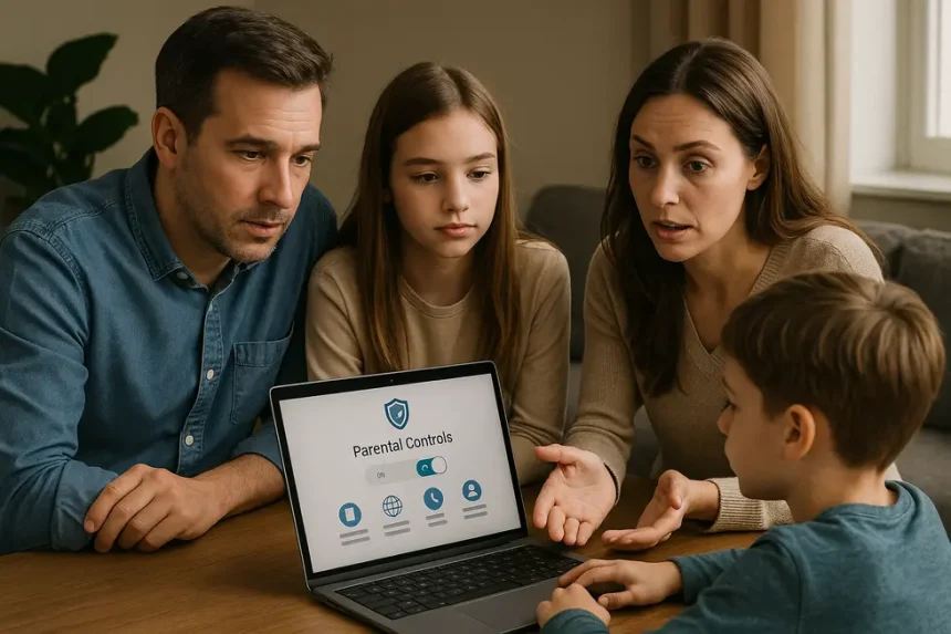 Família reunida aprendendo sobre controlo parental para segurança online.