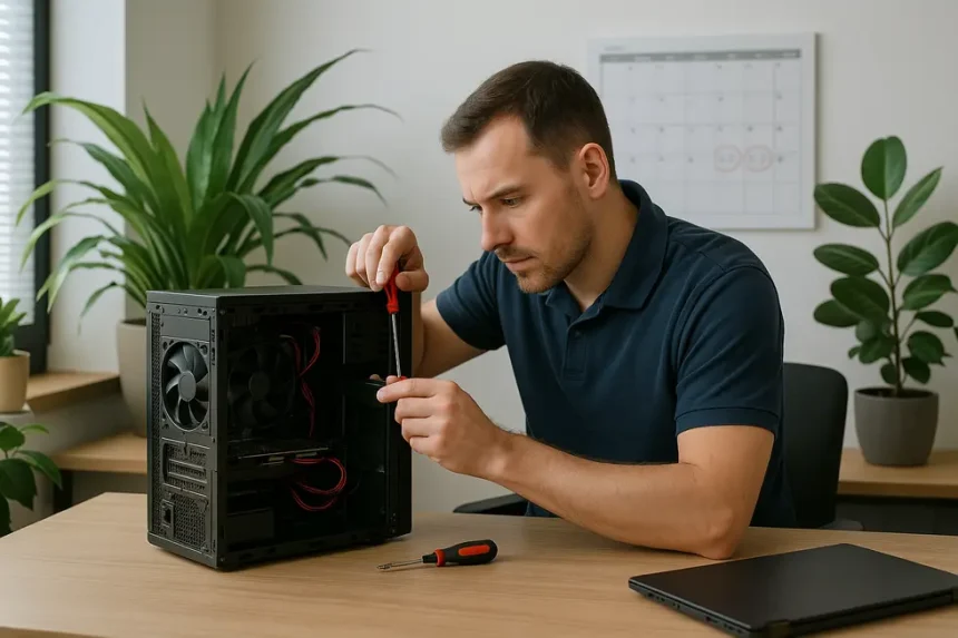 Manutenção Preventiva e Assistência Remota: Vantagem Competitiva para PMEs 1 Técnico realizando manutenção preventiva em um escritório.