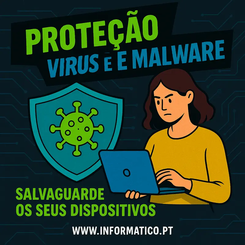 Mesa com laptop e dispositivos protegidos por um escudo invisível.
