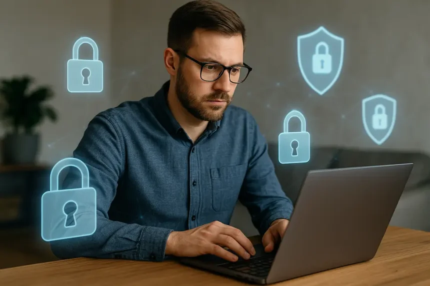 Acesso remoto seguro - Mais eficiência no Teletrabalho 1 Um colaborador remoto protegido por camadas de segurança digital.