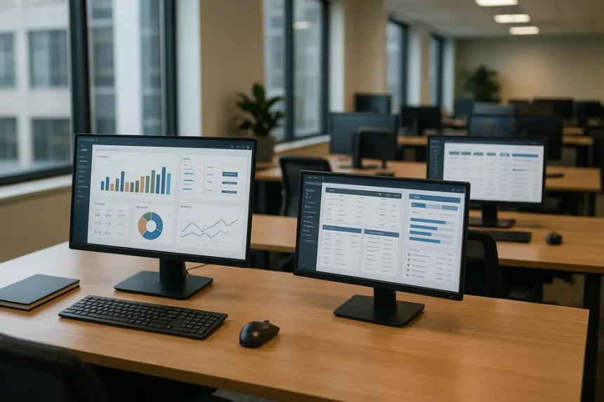 Suporte de Software Empresarial - Maximize o seu Negócio 1 Ambiente de escritório com monitores exibindo interfaces de software empresarial.