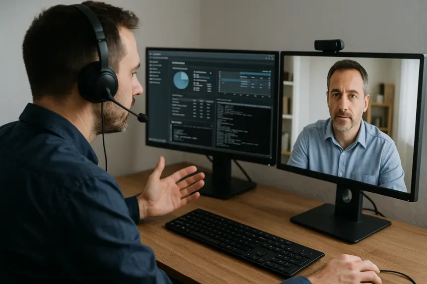 Técnico assistindo um proprietário de PME a resolver um problema informático.