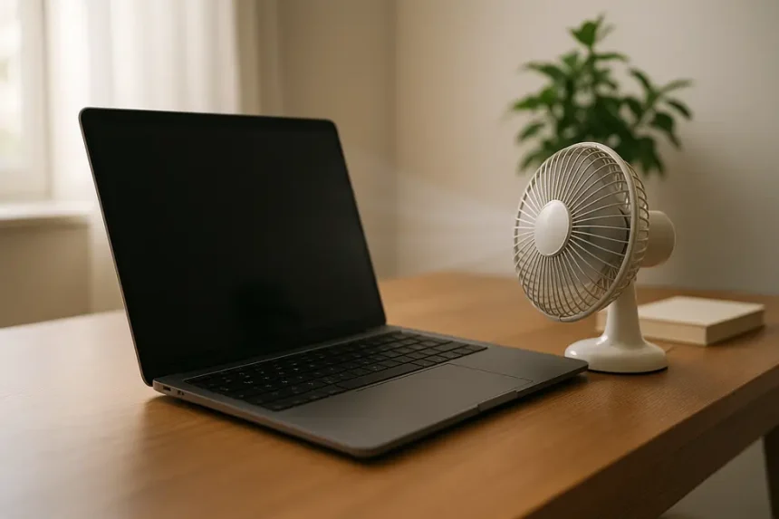 Portátil com ventilação adequada numa secretária.