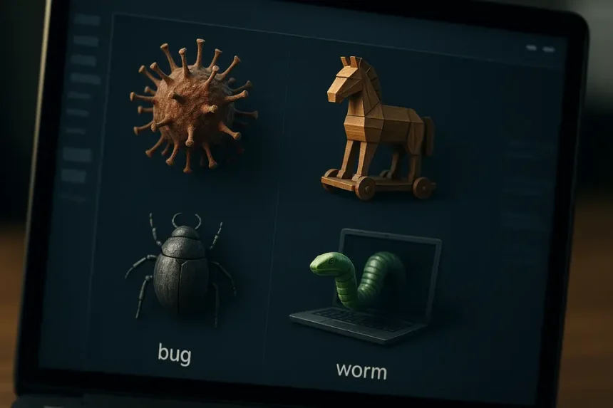 Diferentes tipos de vírus e malware.