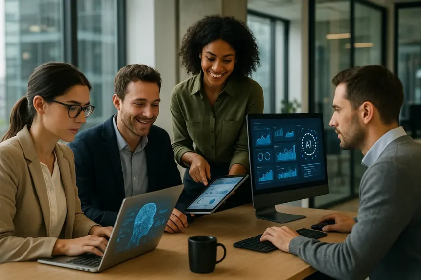 Técnico assistindo um proprietário de PME a resolver um problema informático.