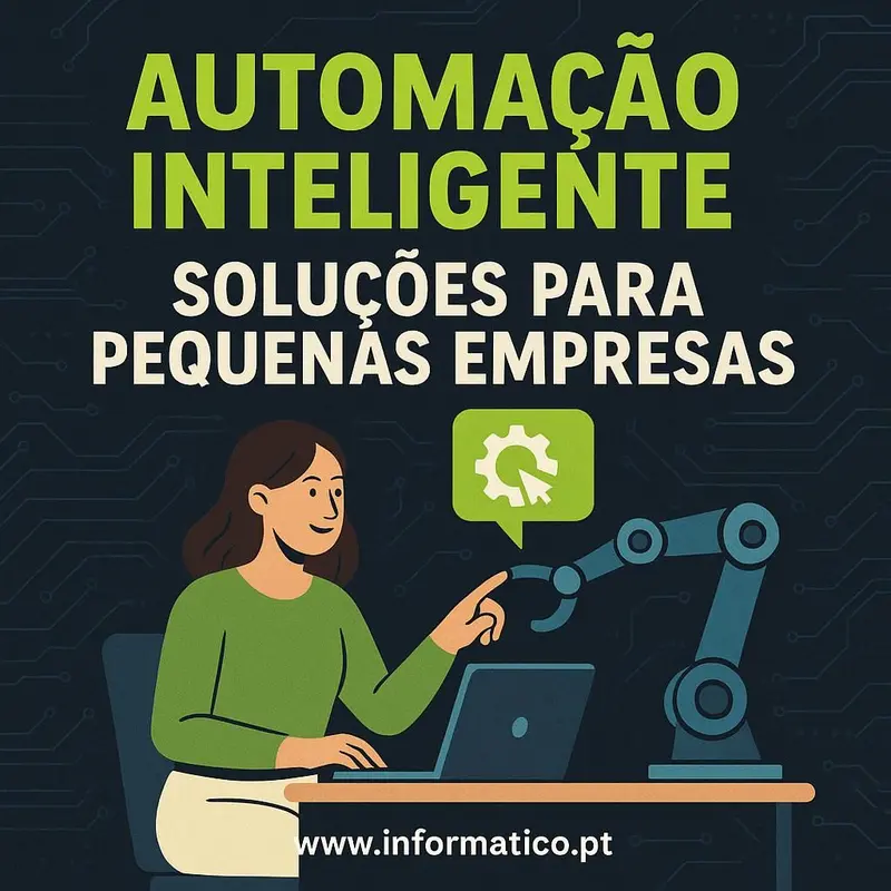 Funcionários numa pequena empresa interagindo facilmente com tecnologia melhorada pela automação.