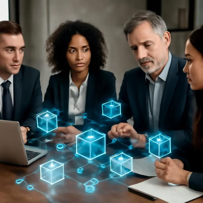 Importância da Blockchain na segurança dos dados das empresas 7 Diagrama da arquitetura de blockchain, mostrando blocos interligados e nós de rede.