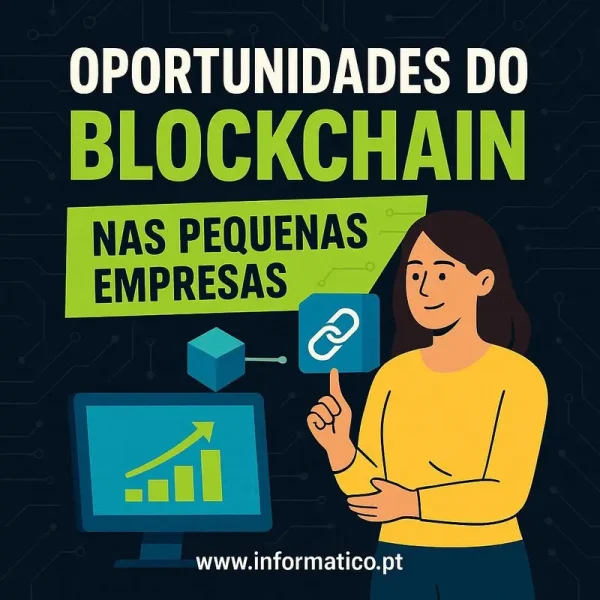 Cena fotorealista de um escritório moderno com símbolos de tecnologia blockchain integrados.