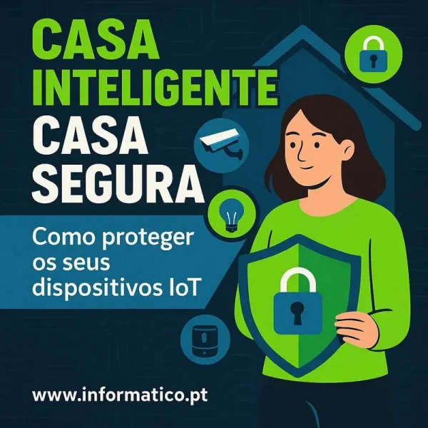 Ilustração de uma casa inteligente com dispositivos IoT e ícones de segurança.
