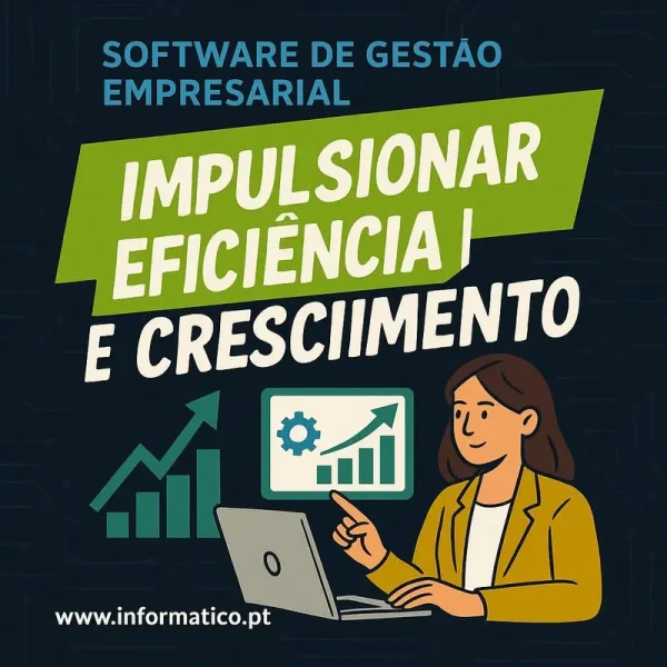 Dispositivos tecnológicos com software de gestão em ecrãs.