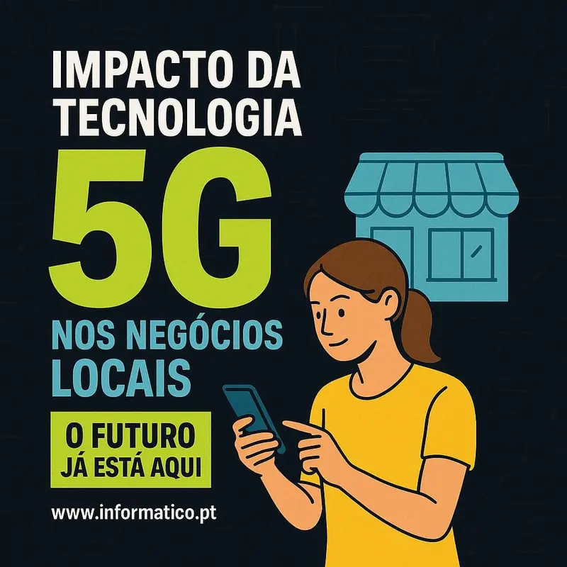 Vista de uma cidade moderna com elementos de tecnologia 5G visíveis e negócios locais interconectados.