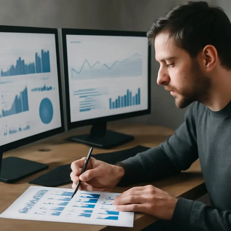 Empresário a analisar as necessidades de uma startup num escritório moderno.