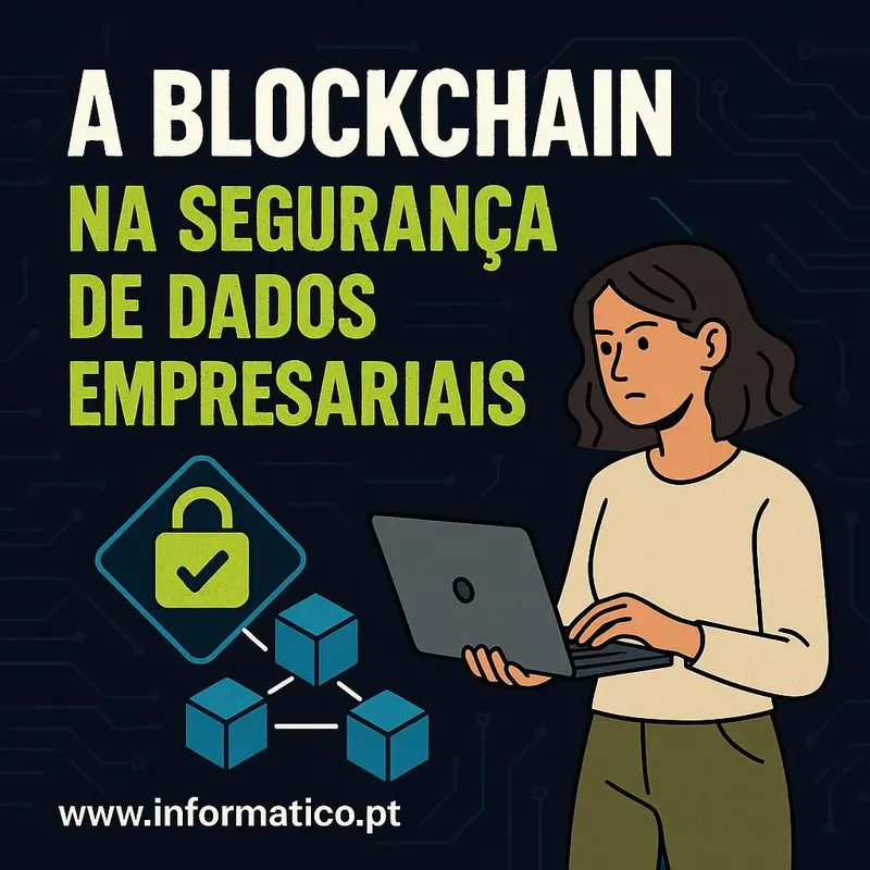 Ambiente corporativo futurista com elementos visuais de blockchain e nós de dados digitais.