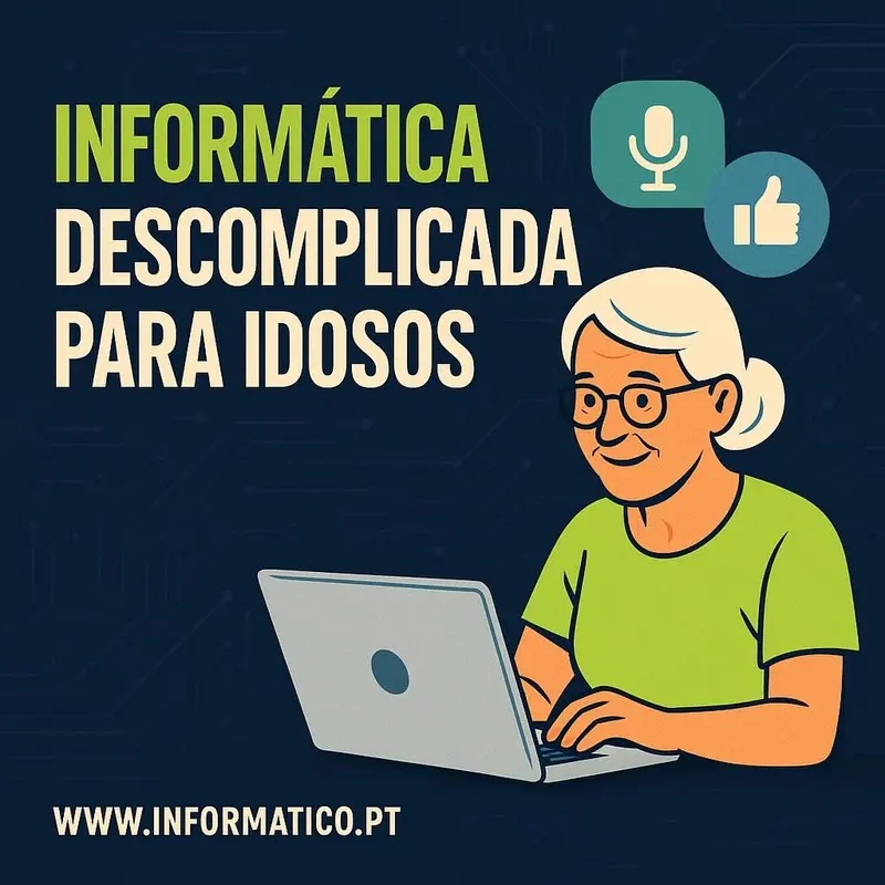 Idoso a explorar a informática rodeado por dispositivos e livros.
