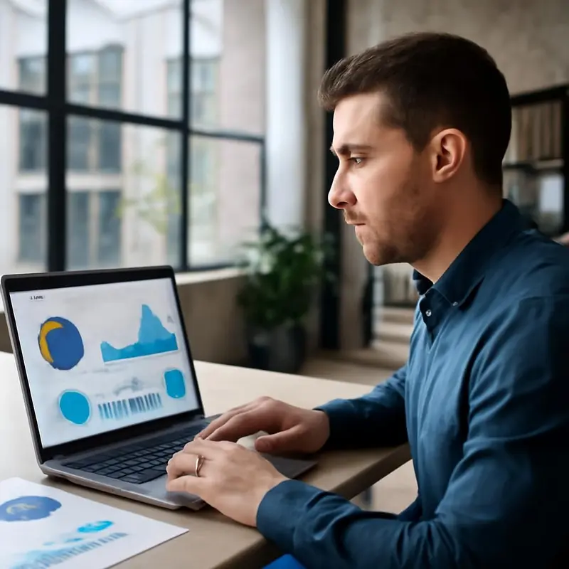 Empresário a analisar as necessidades de uma startup num escritório moderno chatbot implementação.