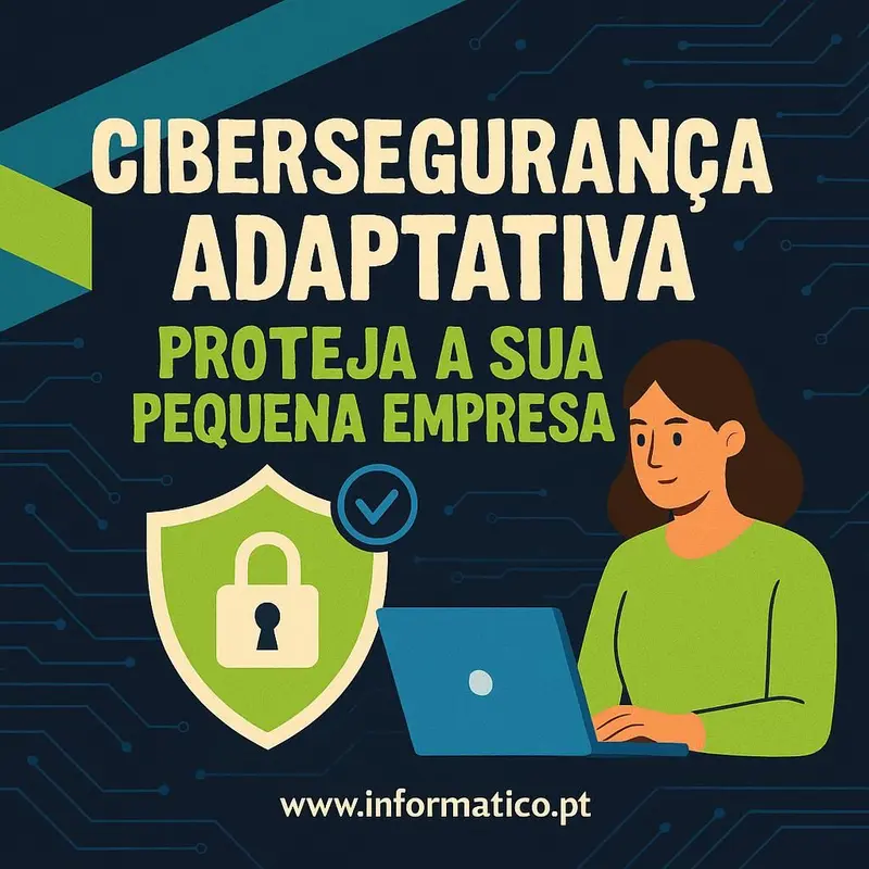 Escudo digital dinâmico sobrepondo-se a um ambiente de escritório de pequena empresa.