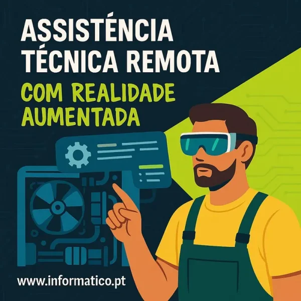 Técnicos em oficina utilizando tecnologia de realidade aumentada para suporte remoto.