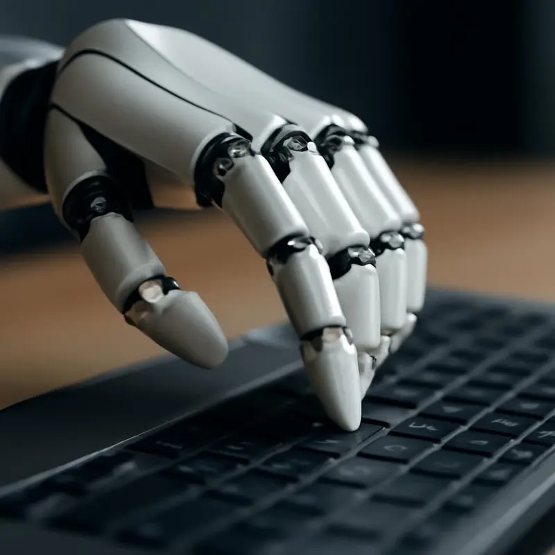 Inteligência Artificial revoluciona a assistência técnica ao cliente 1 Mão robótica a digitar num teclado, simbolizando a automação da IA no serviço ao cliente.