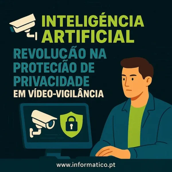 Imagem abstracta de câmaras de segurança e circuitos integrando IA.