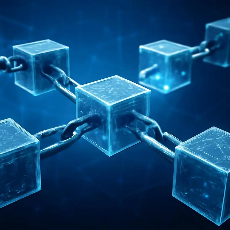 Blockchains na autenticação de redes corporativas 1 Ilustração de blocos de dados interligados representando blockchain.