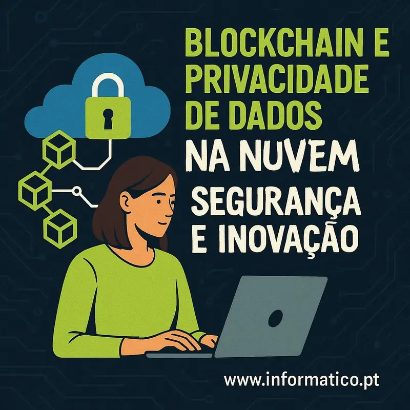 Uma cidade futurista vibrante com nós digitais de blockchain e símbolos de nuvem se entrelaçando.