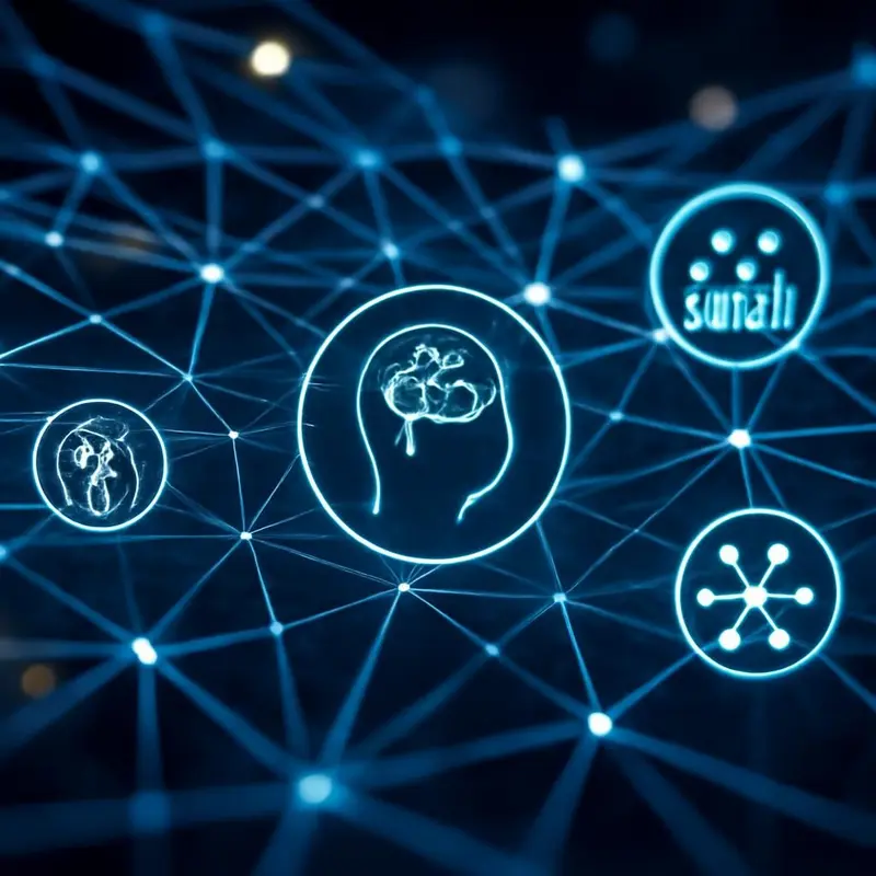 Rede digital representando o fluxo de dados com ícones de machine learning.