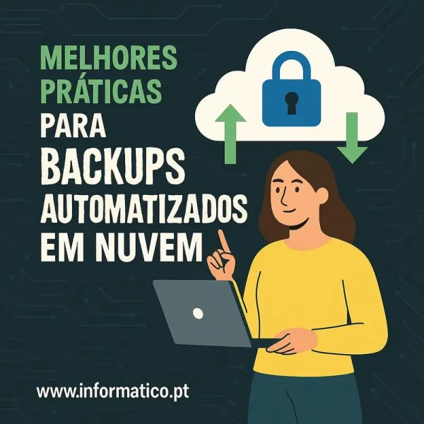 Imagem detalhada mostrando práticas de backup em nuvem, pessoas em computadores e representações de cloud.