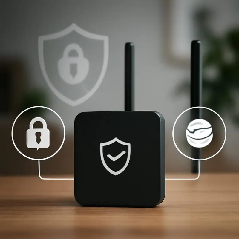 Uma representação visual de um firewall inteligente protegendo dispositivos domésticos.