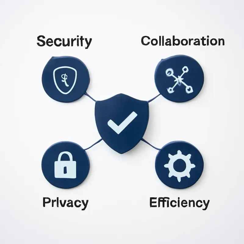Sistemas de colaboração segura e encriptada para equipas 5 Equipa a discutir segurança em colaboração.