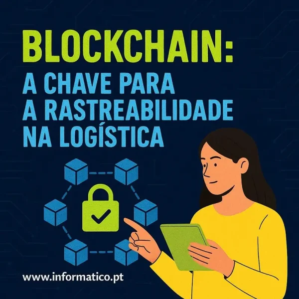 Rede blockchain interligando diferentes pontos logísticos.