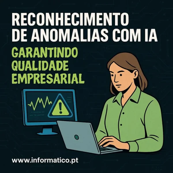 Interface de IA futurista mostrando a análise de dados em tempo real e a deteção de anomalias em processos empresariais.