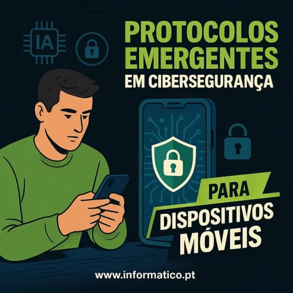 Ambiente futurista com dispositivos móveis protegidos por elementos de cibersegurança.