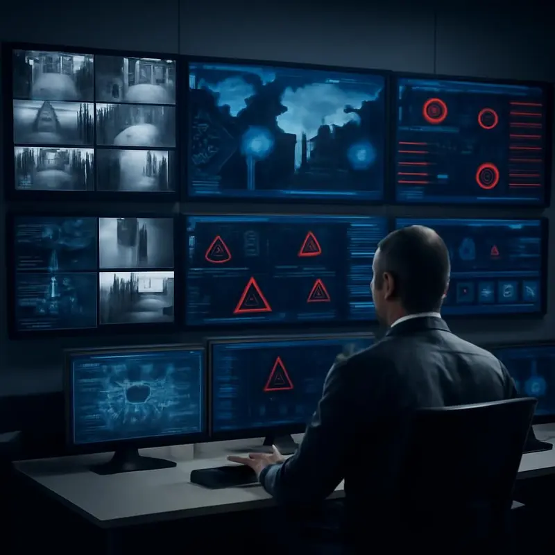 Gestão centralizada de Políticas de Segurança em ambientes TI distribuídos 3 Torre de controlo central simbolizando a gestão unificada de redes.