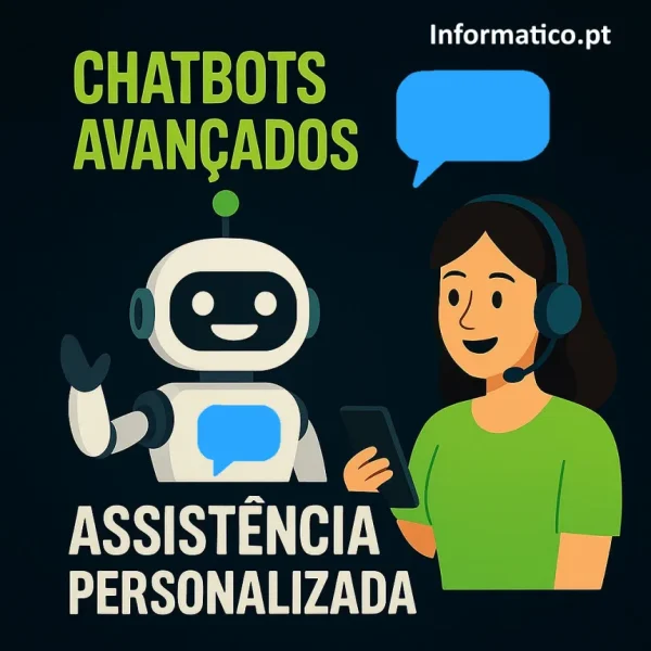 Ecrãs mostrando chatbots a interagir com clientes num ambiente de escritório moderno em telecomunicações.