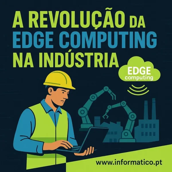 Cena industrial com servidores e dispositivos IoT em operação, representando edge computing.
