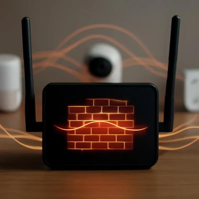 Uma representação visual de um firewall inteligente protegendo dispositivos domésticos.