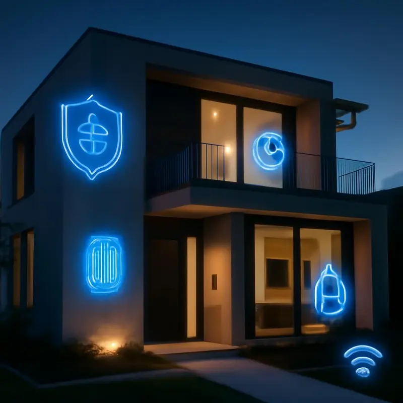 Uma representação visual de um firewall inteligente protegendo dispositivos domésticos.