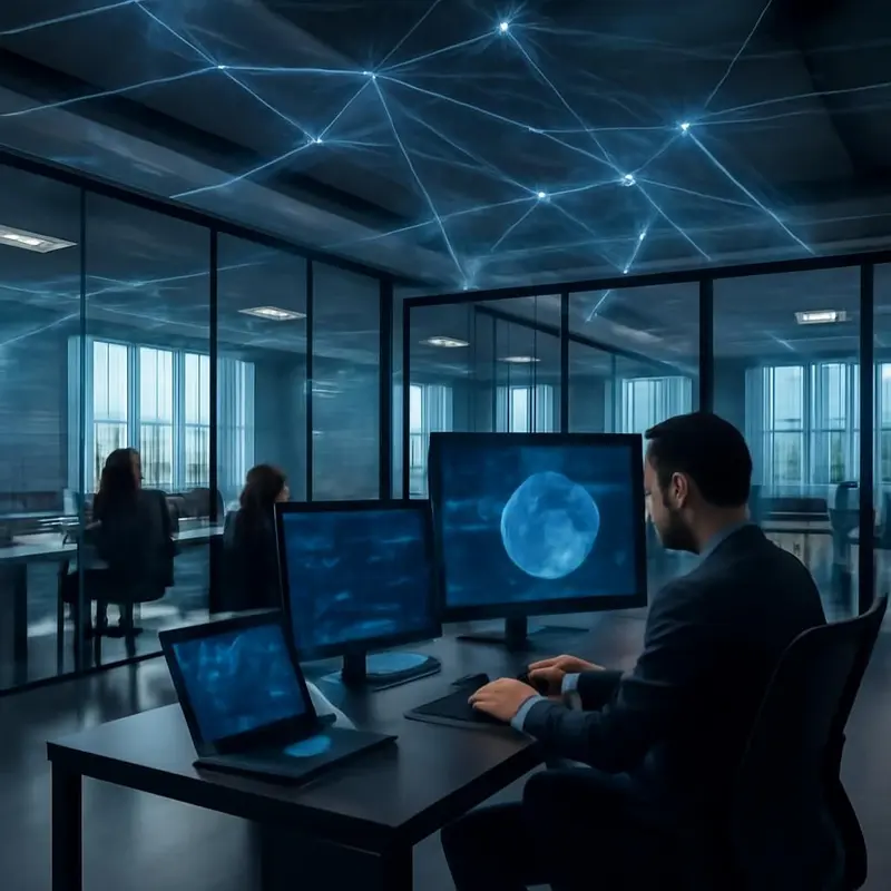 Otimização e confiabilidade das redes MESH empresariais 7 Estrutura tridimensional de uma rede mesh com nós interconectados.