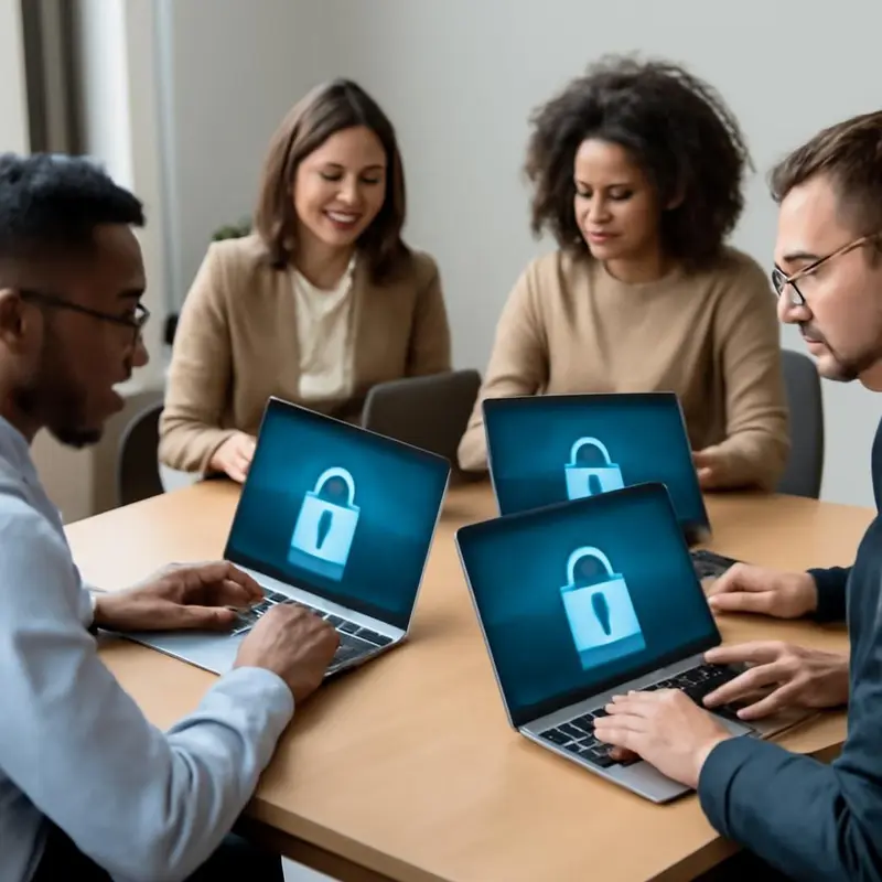 Sistemas de colaboração segura e encriptada para equipas 1 Equipa a discutir segurança em colaboração.