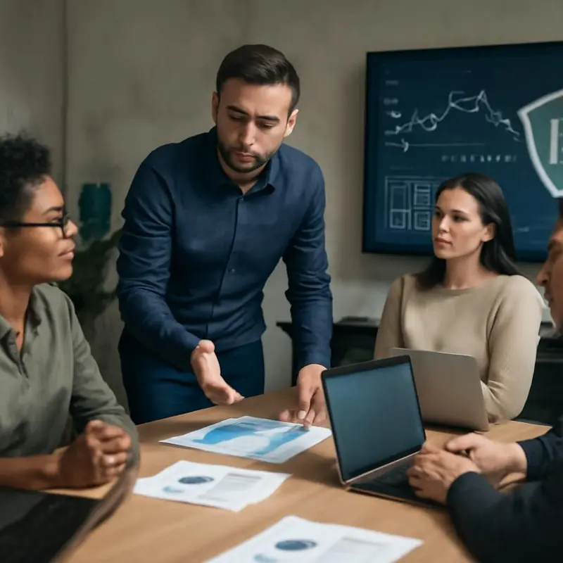 Sistemas de colaboração segura e encriptada para equipas 6 Equipa a discutir segurança em colaboração.