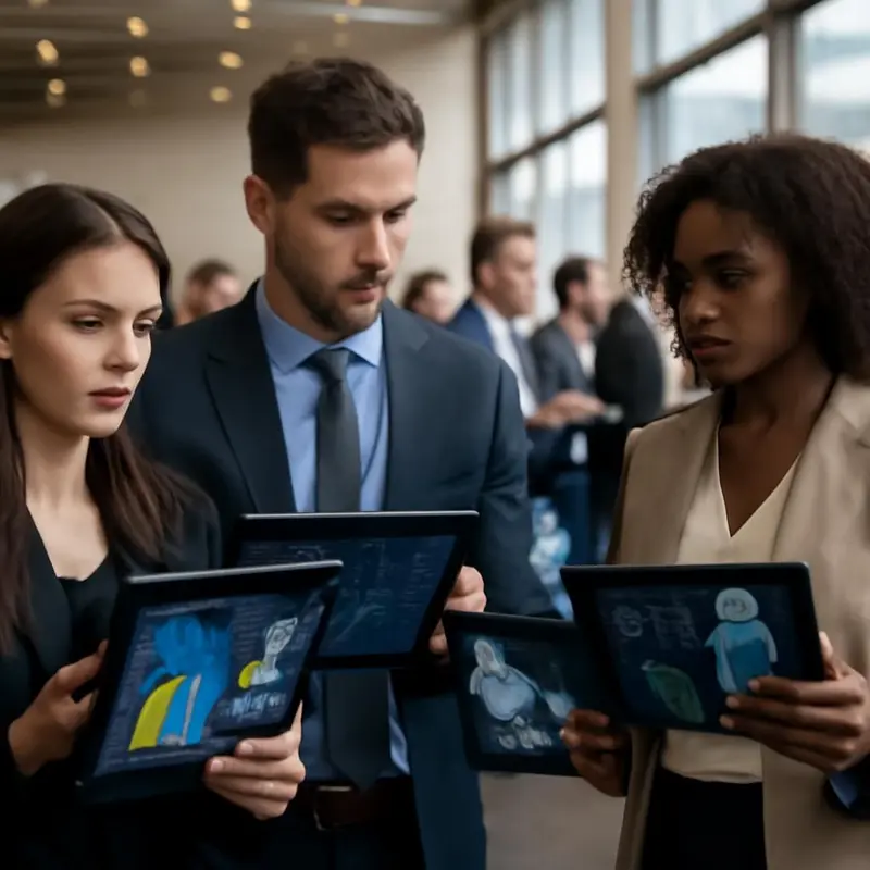 Participantes a explorar mundos virtuais num evento corporativo.