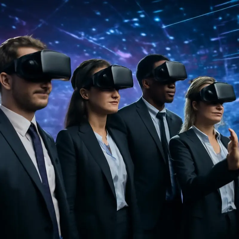 Participantes a explorar mundos virtuais num evento corporativo.