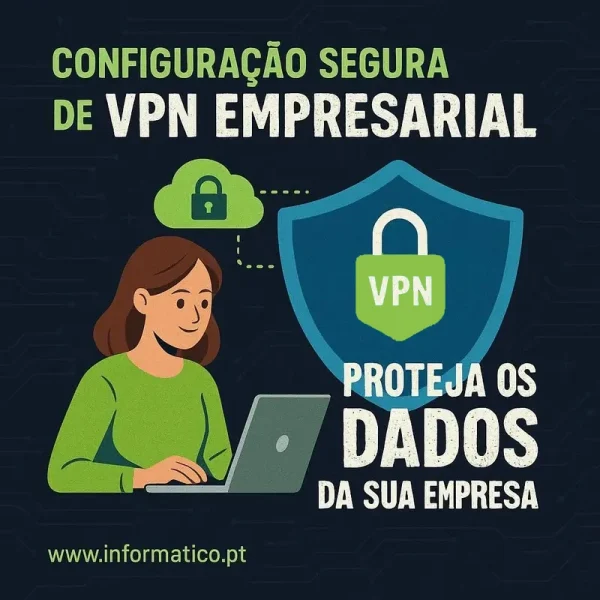 Rede segura com nós digitais e esferas representando uma VPN robusta numa configuração corporativa.