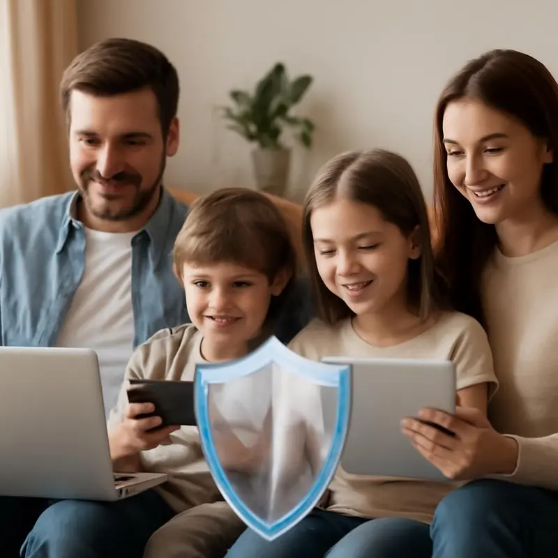 Uma representação visual de um firewall inteligente protegendo dispositivos domésticos.