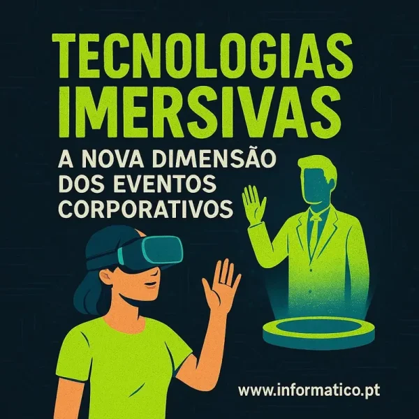 Espaço de evento corporativo com elementos de RV e RA.