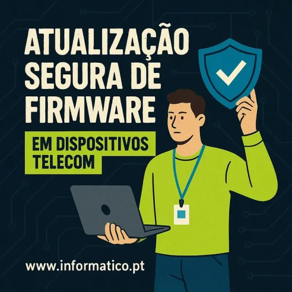 Atualização de firmware em dispositivos de telecom numa PME com técnico a trabalhar.