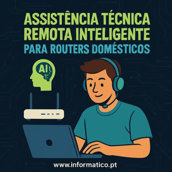 Técnico simpático a ajudar um cliente remotamente com elementos de IA em segundo plano.